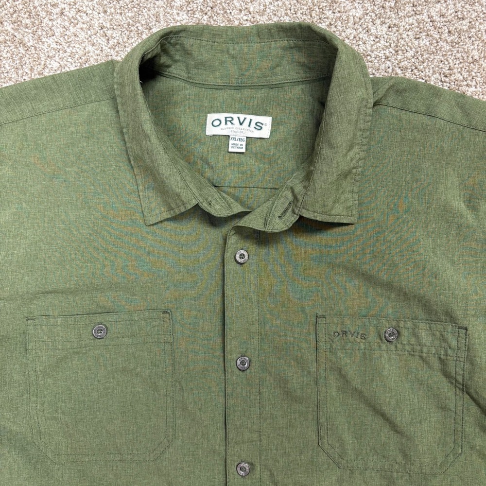 Orvis Tech Chambray Short Sleeve Button Down Shirt Mens XXL Olive Green Classic